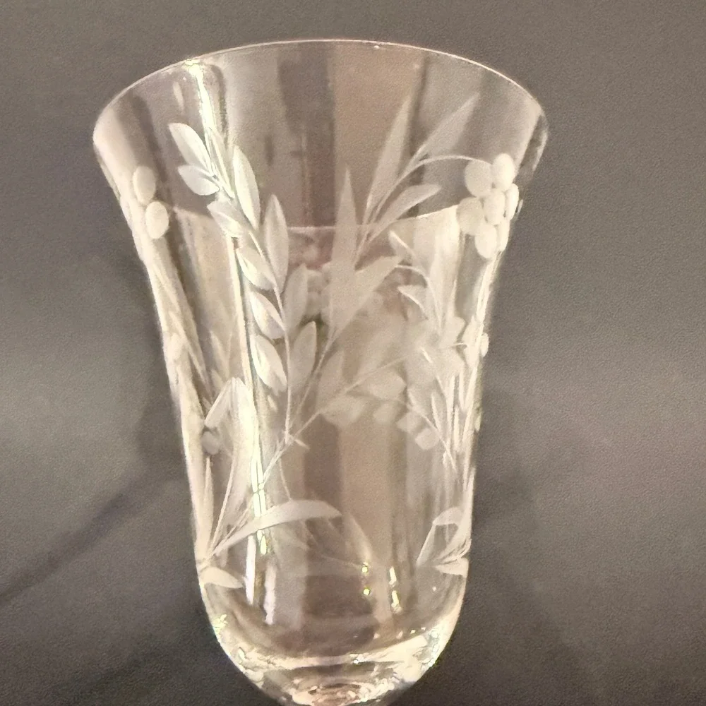 Set of 3 Vintage Gray Cut Floral Wheat Crystal Wine Glasses Long Stem 7.75in